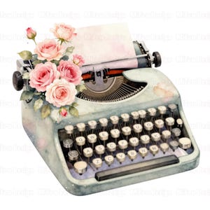 May include: Watercolor illustration of a vintage typewriter in a soft blue-green hue, adorned with pink roses and greenery. The typewriter has a paper sheet inserted and a full keyboard.