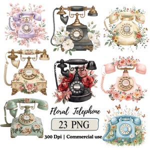 May include: A collection of nine vintage floral telephones in various colors, including lavender, black, cream, pink, and blue. Each phone is adorned with floral arrangements and butterflies. The image includes the text "Floral Telephone 23 PNG 300 Dpi | Commercial use."