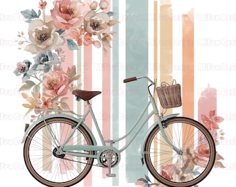 56 Floral Bicycle Clipart PNG Bundle, Vintage Cycling Bike Illustration Watercolor Transport Clipart, Spring Floral Basket Bouquets Bicycle