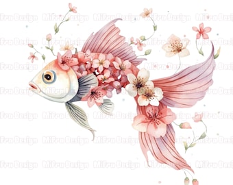 30 Floral Fish PNG Tropical Fish Clipart Set, Aquarium Bass Graphics Bundle Coral Reef Fish Betta Freshwater Fish Trout Clipart Rainbow Fish
