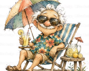 30 Funny Beach Grandpa Clipart Tropical Beach Vacation Png Watercolor Senior Old Man Grandpa Father's Day Gift Tropical Summer Beach Ocean