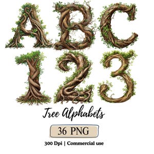 Puede incluir: Un conjunto gráfico digital que presenta las letras A, B, C y los números 1, 2, 3 formados por ramas de árbol marrones texturizadas con hojas verdes. El texto Tree Alphabets, 36 PNG, y 300 Dpi | Commercial use aparece debajo.
