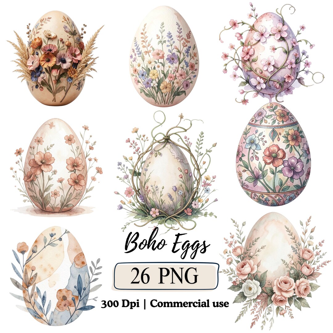 Floral Eggs Clipart Bunny Egg PNG Bundle, Watercolor Spring Rabbit Egg ...