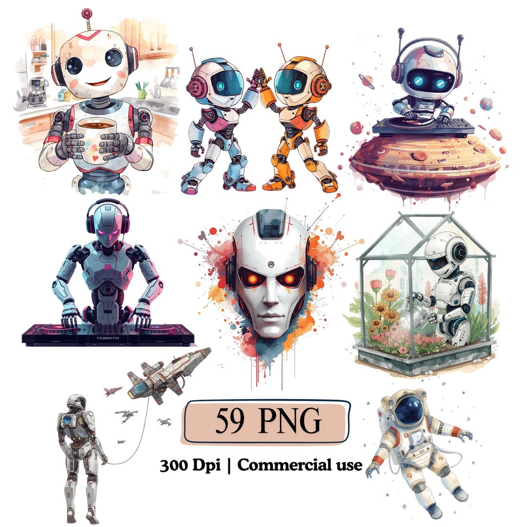 Robot Clipart Floral Vintage Robots PNG Outer Space Bundle, Futuristic ...
