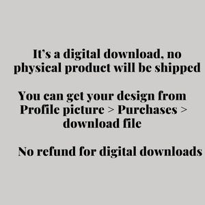 Puede incluir: Texto sobre un fondo gris claro: "Es una descarga digital, no se enviar&aacute; ning&uacute;n producto f&iacute;sico. Puedes obtener tu dise&ntilde;o desde Imagen de perfil > Compras > archivo de descarga. No hay reembolso para descargas digitales."