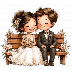 May include: A digital illustration of a smiling bride and groom sitting on a wooden bench. The bride wears a white wedding dress and holds a bouquet. The groom is in a black suit with a bow tie. Floral accents decorate the bench.