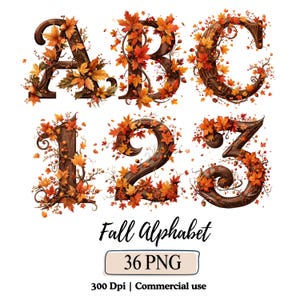 May include: A digital graphic set featuring the letters A, B, C and numbers 1, 2, 3 rendered in a wood texture adorned with vibrant orange, red, and yellow autumn maple leaves and small acorns. The text Fall Alphabet 36 PNG 300 Dpi Commercial use appears below.