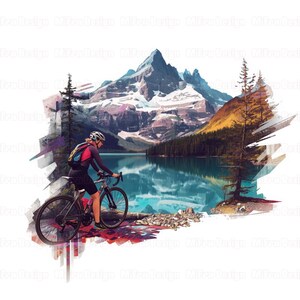Puede incluir: Impresi&oacute;n art&iacute;stica digital que representa a un ciclista en bicicleta de carretera junto a un lago. El fondo presenta una cordillera con picos nevados, un lago sereno y &aacute;rboles verdes. El ciclista lleva casco y ropa deportiva.
