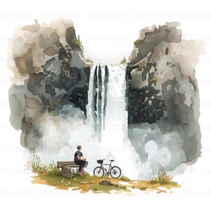 Puede incluir: Ilustraci&oacute;n en acuarela de una cascada esc&eacute;nica con una persona sentada en un banco y una bicicleta. La obra de arte presenta a una persona con casco y ropa oscura, con una bicicleta negra aparcada cerca. La cascada cae por un acantilado rocoso.