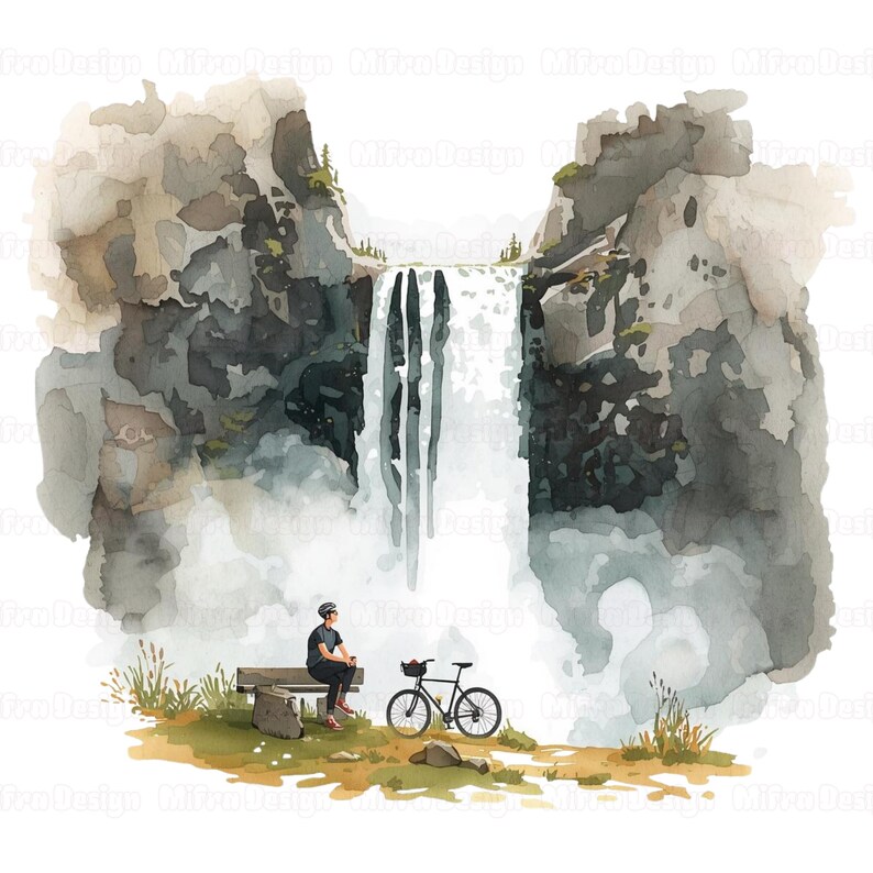 Puede incluir: Ilustraci&oacute;n en acuarela de una cascada esc&eacute;nica con una persona sentada en un banco y una bicicleta. La obra de arte presenta a una persona con casco y ropa oscura, con una bicicleta negra aparcada cerca. La cascada cae por un acantilado rocoso.