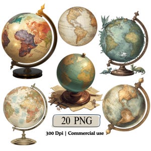 May include: Collection of vintage-style globes with detailed world maps. The globes feature various color schemes, including antique beige, teal, and brown. Each globe is mounted on a stand, with some having ornate designs. The image includes text that reads "20 PNG" and "300 Dpi | Commercial use."
