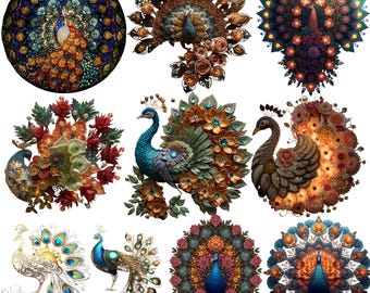 21 grillige Peacock Clipart Floral Peacock PNG Set kleurrijke vogels illustraties Vintage magische Boho Feather aquarel iriserende Peacock