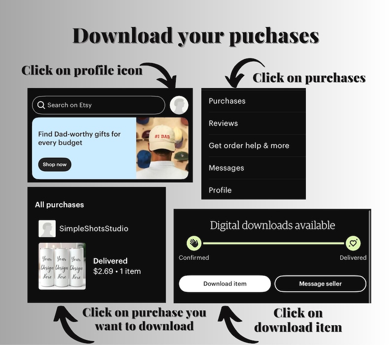 May include: A screenshot showing the steps to download purchases on Etsy. The text reads "Download your purchases" and includes instructions to click on the profile icon, purchases, the desired purchase, and the download item button.