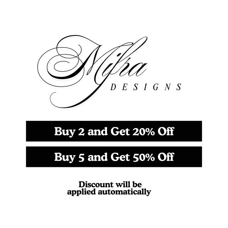 May include: White background with the black text "Nifra DESIGNS" in an elegant script. Below are two black rectangles with white text: "Buy 2 and Get 20% Off" and "Buy 5 and Get 50% Off." The text "Discount will be applied automatically" is below.