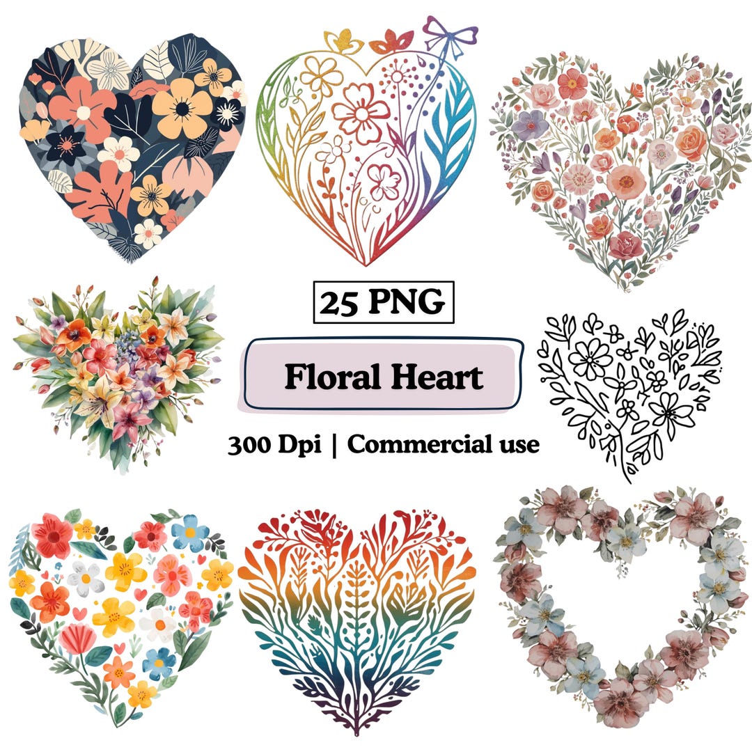 Boho Floral Heart Clipart Gold Hearts PNG Bundle, Whimsical Heart ...