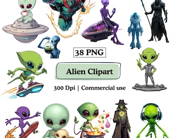 Paquete de imágenes PNG de criaturas espaciales alienígenas kawaii, decoración infantil de ciencia ficción con astronautas, universo para sublimación, gráficos divertidos de naves espaciales OVNI