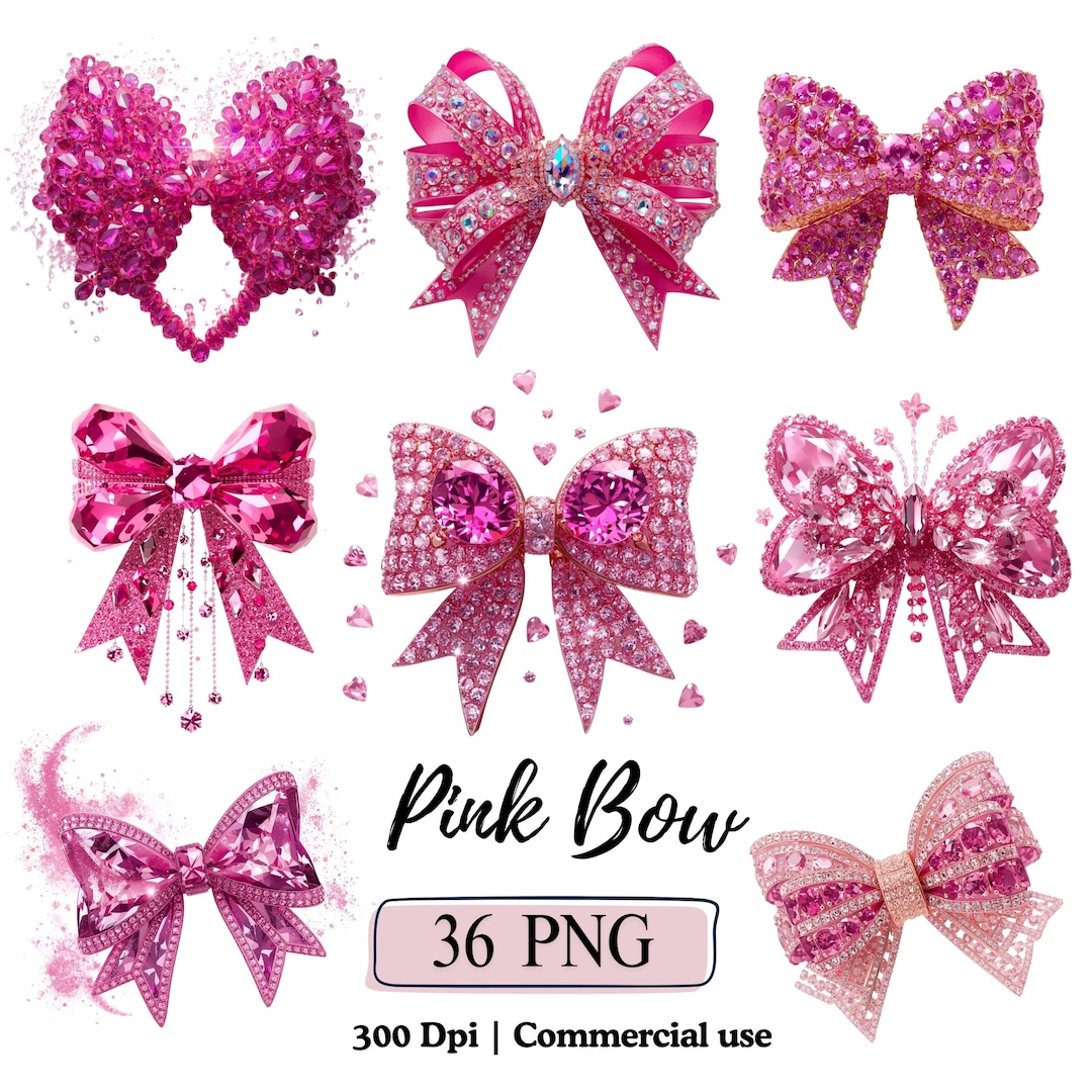 Pink Coquette Bow Tie Clipart Jewelled Ribbon Bow PNG Bundle Watercolor ...