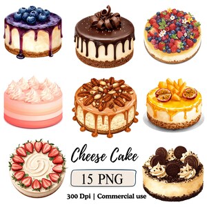 Puede incluir: Nueve ilustraciones de tarta de queso en acuarela. Las tartas de queso tienen varios ingredientes, como arándanos, chocolate, bayas, crema batida, nueces, mango, fresas y galletas. La imagen incluye el texto "Cheesecake 15 PNG 300 Dpi | Commercial use."