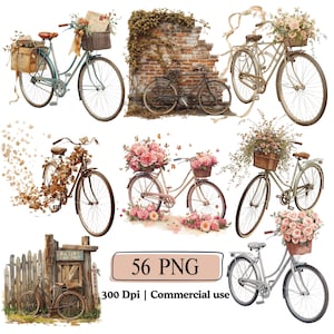 Floral Bicycle Clipart PNG Bundle, Vintage Cycling Bike Illustration Watercolor Transport Clipart, Spring Floral Basket Bouquets Bicycle Art