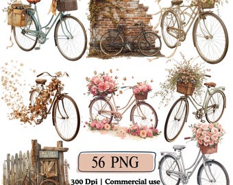 Paquete de imágenes prediseñadas de bicicletas florales, ilustración de bicicleta vintage en acuarela, imágenes prediseñadas de transporte, cestas florales de primavera, arte de bicicletas