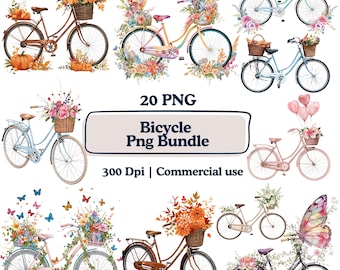 Paquete de imágenes prediseñadas de bicicletas florales, diseño de sublimación de ilustración de bicicleta vintage, cesta floral de primavera imprimible, bicicleta de otoño