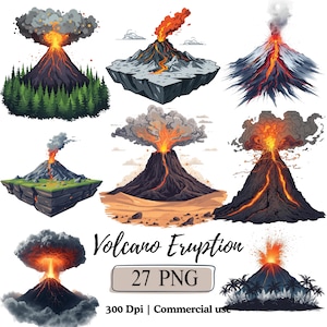 Puede incluir: Una colección de nueve ilustraciones de volcanes en erupción. Cada volcán se representa con lava ardiente, humo y cenizas. Algunos volcanes están situados en paisajes con árboles, nieve o terreno desértico. También se incluye el texto "Volcano Eruption".