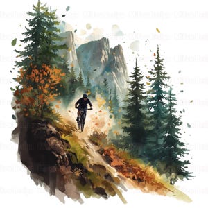 Puede incluir: Ilustraci&oacute;n en acuarela de un ciclista de monta&ntilde;a descendiendo por un sendero. La obra presenta a un ciclista con ropa negra en una bicicleta de monta&ntilde;a, rodeado de &aacute;rboles y follaje oto&ntilde;al. El fondo incluye una cordillera y un cielo nublado.