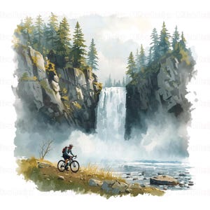 Puede incluir: Pintura a la acuarela de un ciclista en bicicleta por un sendero junto a un r&iacute;o. Una gran cascada cae por un acantilado rocoso, rodeado de &aacute;rboles verdes. La obra tiene un tema natural y sereno.