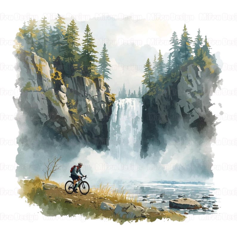 Puede incluir: Pintura a la acuarela de un ciclista en bicicleta por un sendero junto a un r&iacute;o. Una gran cascada cae por un acantilado rocoso, rodeado de &aacute;rboles verdes. La obra tiene un tema natural y sereno.