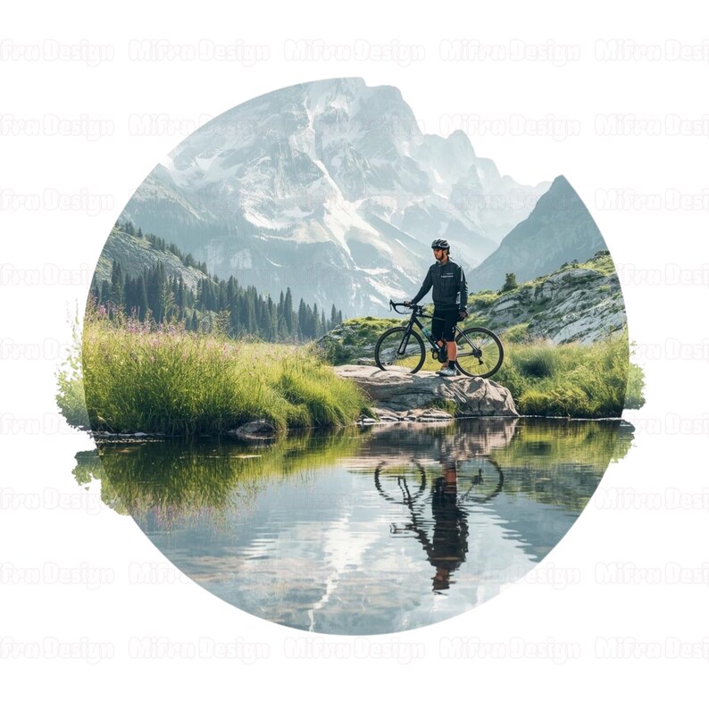 Puede incluir: Un ciclista est&aacute; de pie junto a una bicicleta negra cerca de un lago, con una cordillera al fondo. La imagen est&aacute; enmarcada en un c&iacute;rculo, con el reflejo del ciclista en el agua. La escena se desarrolla en un entorno natural.