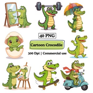Puede incluir: Colección de ilustraciones de cocodrilos de dibujos animados en varias poses. Un cocodrilo levanta pesas, otro monta en patineta y otro en un scooter. La imagen incluye el texto "40 PNG", "Cartoon Crocodile" y "300 Dpi | Commercial use".