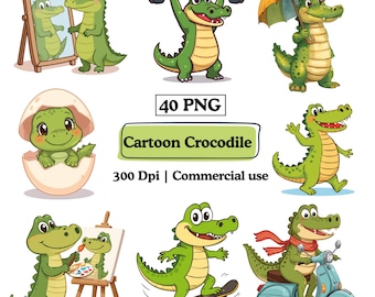 Cartoon Crocodile PNG Kawaii Baby Alligator Jungle Clipart Bundle Kid Nursery Decor Wild Animals Doodle Holiday PNG Whimsical Reptiles Nile