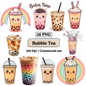 Kawaii Bubble Tea Clipart Boba Tea PNG Bundle, Drink Sticker Illustrations Food Sublimation Designs, Milk Tea DIY Craft Quirky Rainbow Drink