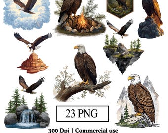 Eagle PNG Retro Flying Eagle Clipart Bundle, Watercolor Realistic Bald Eagle Illustrations Eagle Mountains, Eagles Sublimation Designs PNG