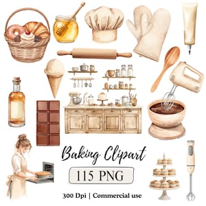 May include: Watercolor illustration of baking-themed elements. Includes a basket of pastries, honey jar, chef's hat, oven mitts, rolling pin, shelves with jars, a mixer, chocolate bar, and a woman baking. The text "Baking Clipart" and "115 PNG" are also present.
