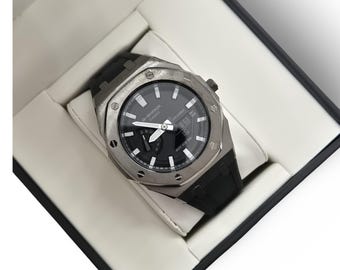 Relógio Casio G-Shock GA-2100 personalizado em cinza metálico/borracha. Ideal para presente.