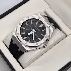 G-Shock GA-2100 personalizado con caja de metal plateada/negra - Casio modificado en casa - Reloj de regalo para hombre