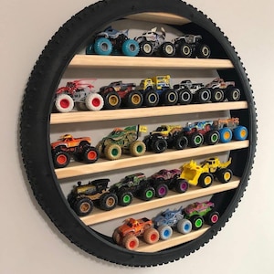 LED Tire Toy Car Display Shelf, Wooden Wall Storage for Model Cars image 2