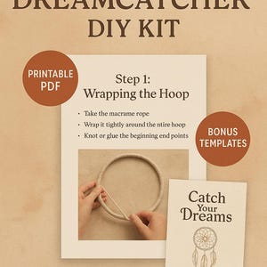 Peut inclure: Kit de bricolage numérique pour attrape-rêves bohème. L'image montre les instructions pour enrouler une corde en macramé autour d'un cercle. Comprend le texte "Catch Your Dreams" et "PDF imprimable".