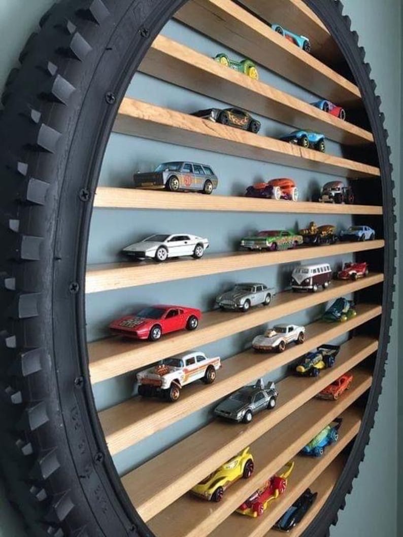 LED Tire Toy Car Display Shelf, Wooden Wall Storage for Model Cars image 1