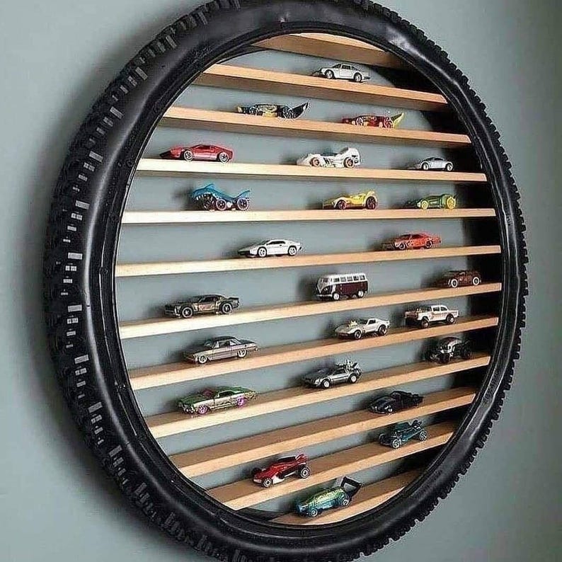 LED Tire Toy Car Display Shelf, Wooden Wall Storage for Model Cars image 3