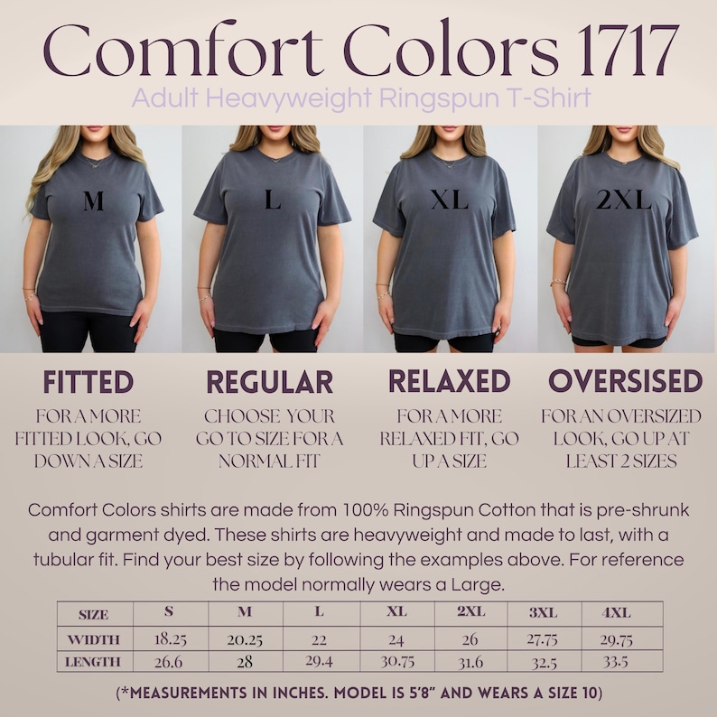 May include: Image showing Comfort Colors 1717 adult heavyweight ringspun t-shirts in sizes M, L, XL, and 2XL. Includes sizing details, with measurements in inches (converted to cm), and guidance on fit: fitted, regular, relaxed, and oversized.