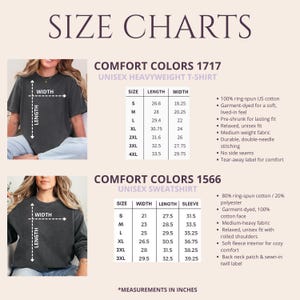 May include: Size charts for Comfort Colors unisex heavyweight t-shirts and sweatshirts. The charts display measurements in inches for sizes S through 4XL for the t-shirt and S through 3XL for the sweatshirt. Features include fabric details and construction.