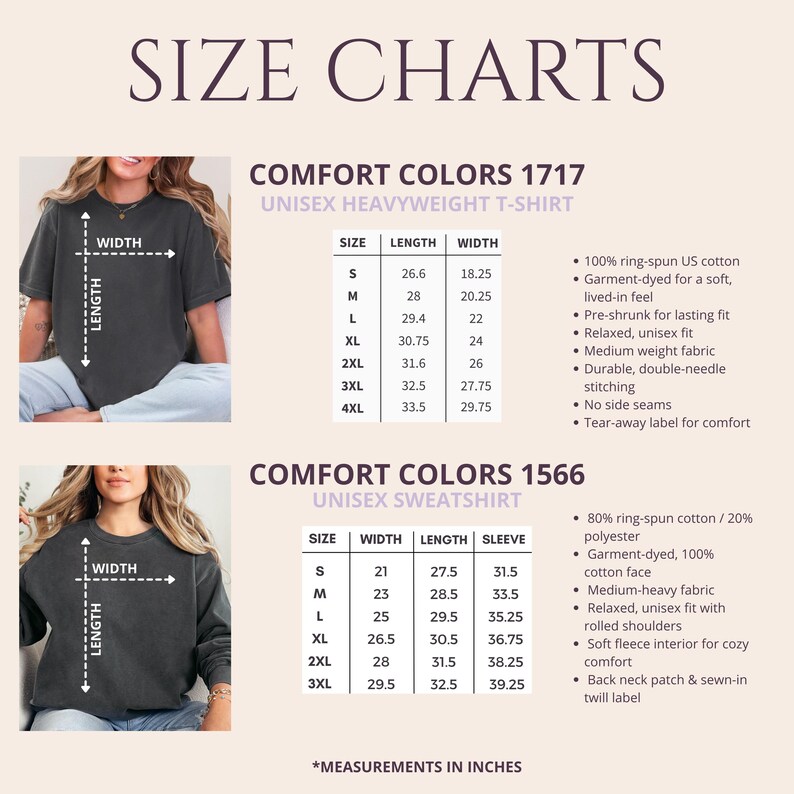 May include: Size charts for Comfort Colors unisex heavyweight t-shirts and sweatshirts. The charts display measurements in inches for sizes S through 4XL for the t-shirt and S through 3XL for the sweatshirt. Features include fabric details and construction.