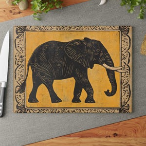 Elephant Cutting Board: Tempered Glass African Decor Kitchen Tray