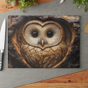 Barn Owl Glass Cutting Board - Decorative Bird Charcuterie Gift, Animal Lover Chopping Block, Rustic Serving Tray, Woodland Themed Kitchen