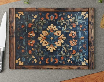 Mexican Style Glass Cutting Board - Decorative Charcuterie Gift, Coastal Talavera Chopping Block, Tropical Island Spanish Serving Tray