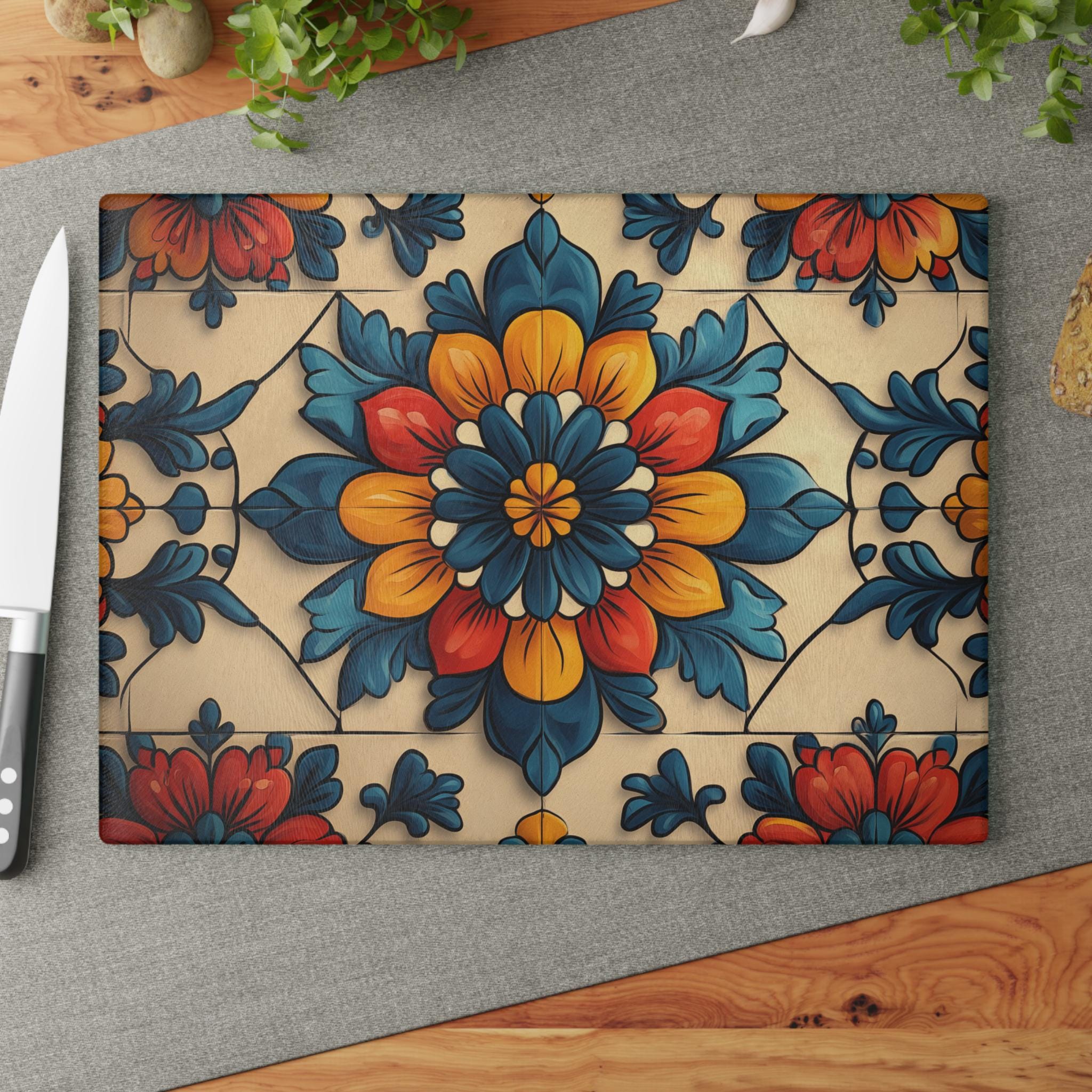 Mexican Style Glass Cutting Board - Decorative Charcuterie Gift, Coastal Talavera Chopping Block, Tropical Island Spanish Serving Tray