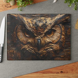 Barn Owl Glass Cutting Board - Decorative Bird Charcuterie Gift, Animal Lover Chopping Block, Rustic Serving Tray, Woodland Themed Kitchen