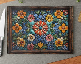 Talavera Glass Cutting Board: Mexican Floral Charcuterie Serving Tray
